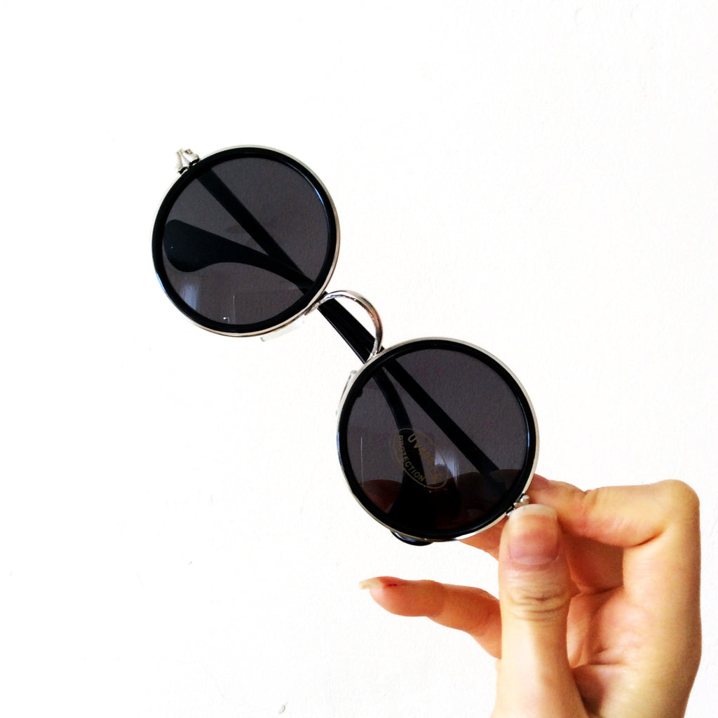 UNISEX ROUND VINTAGE BLACK LENS SUNGLASSES