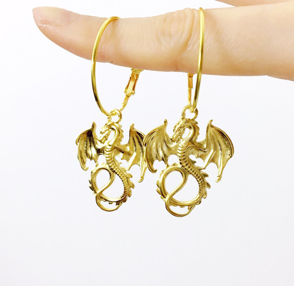 Y2K 2000S 90S STYLE GOLD DRAGON HOOP EARRINGS
