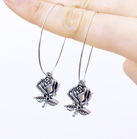 SILVER ROSE HOOPS EARRINGS