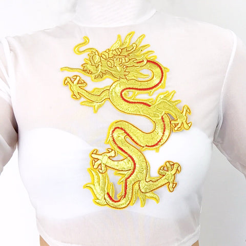 GOLD DRAGON HIGH NECK CROP MESH TOP