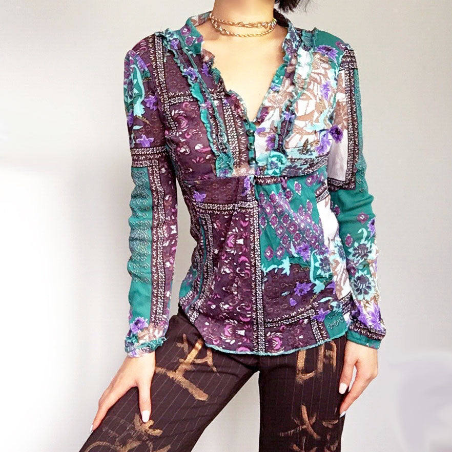 BOHO HIPPIE FLORAL LONG SLEEVES MESH TOP