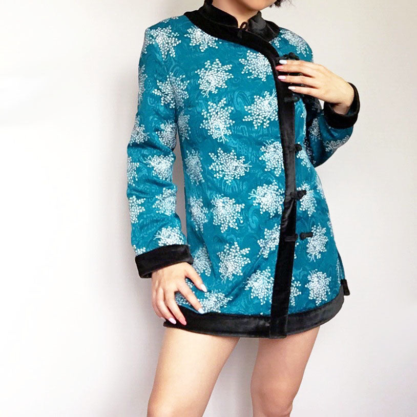 LIGHTLY QUILTED SILKY FLORAL ORIENTAL LONG SLEEVES TOP JACKET