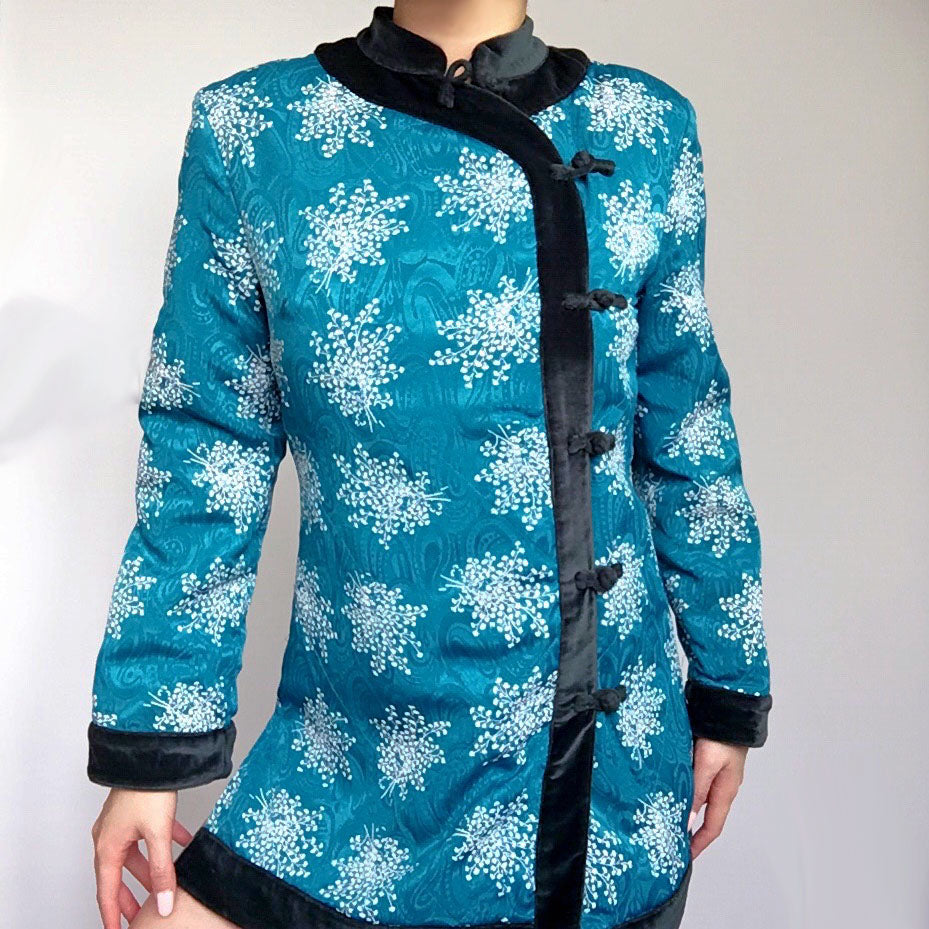 LIGHTLY QUILTED SILKY FLORAL ORIENTAL LONG SLEEVES TOP JACKET