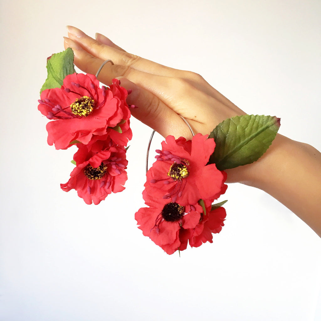 RED FLORAL FESTIVAL LARGE HOOP EARRINGS