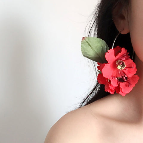 RED FLORAL FESTIVAL LARGE HOOP EARRINGS