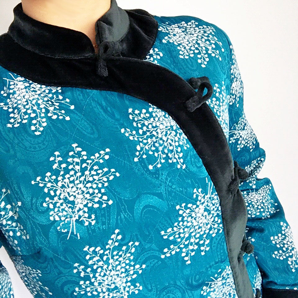 LIGHTLY QUILTED SILKY FLORAL ORIENTAL LONG SLEEVES TOP JACKET