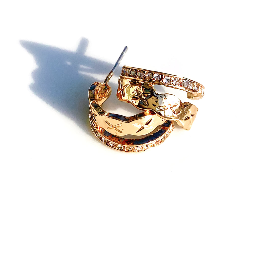 CROSS PATTERN GOLD PLATED WITH DIAMANTE C HOOP EARRINGS
