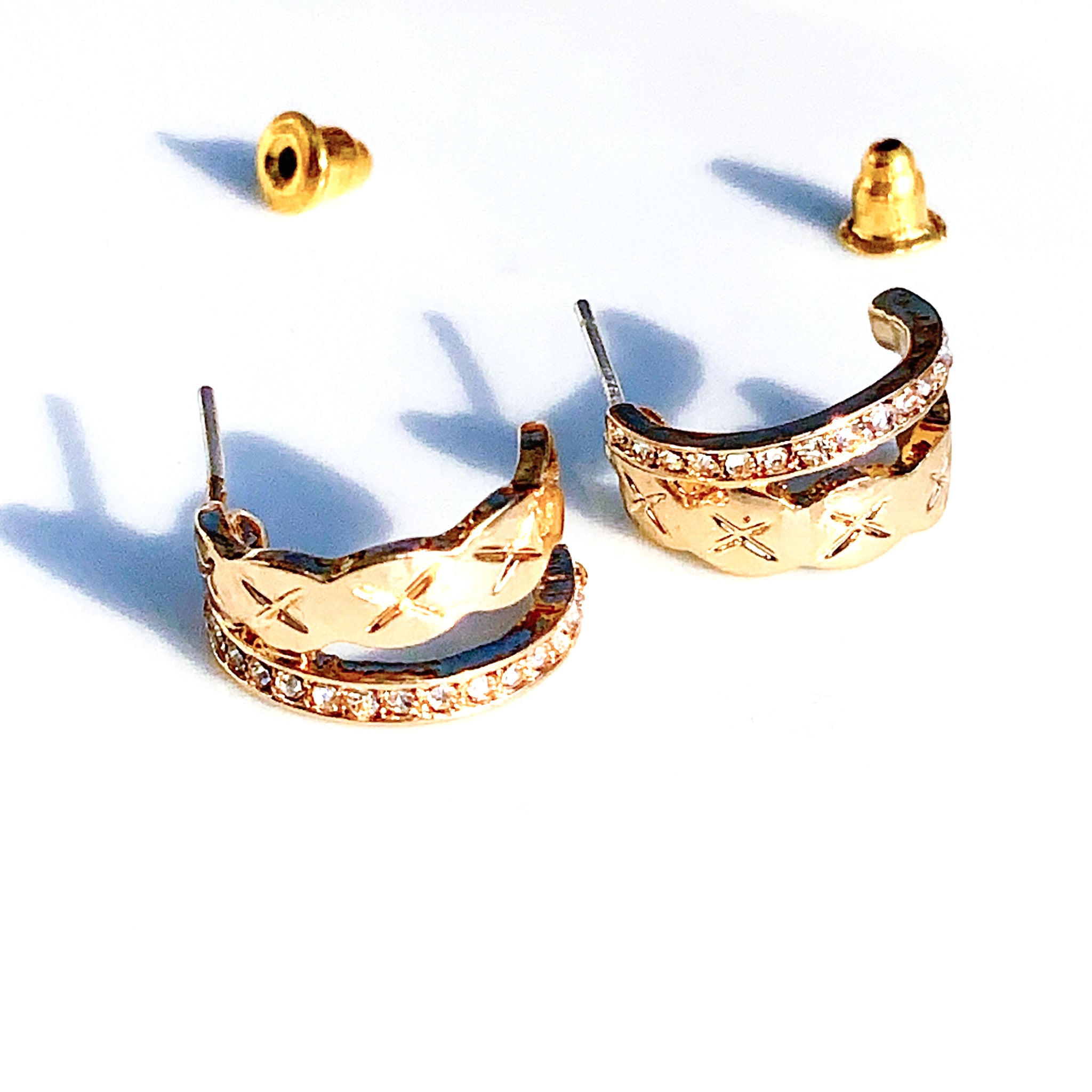 CROSS PATTERN GOLD PLATED WITH DIAMANTE C HOOP EARRINGS