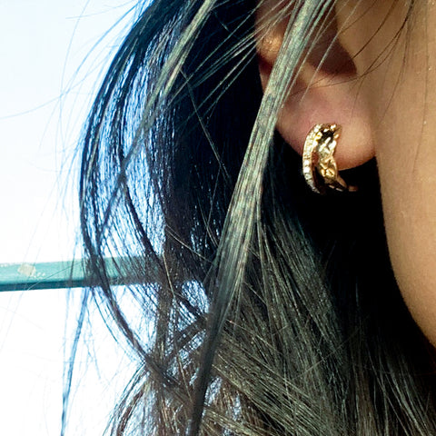 CROSS PATTERN GOLD PLATED WITH DIAMANTE C HOOP EARRINGS