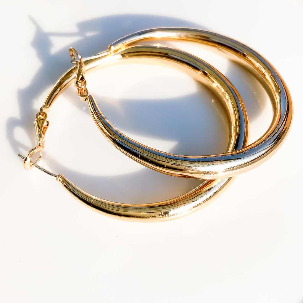 GOLD PLATED THICK ROUND CHUNKY HOOPS EARRINGS