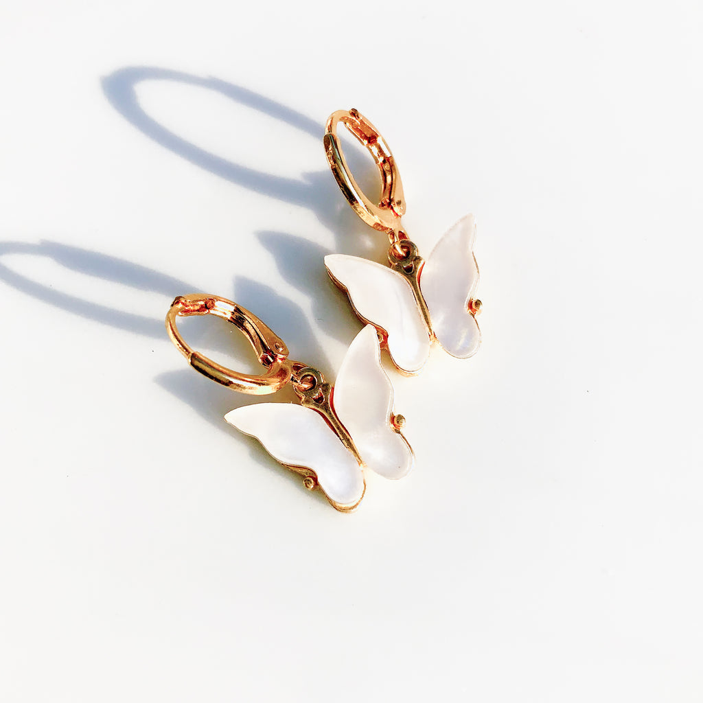 WHITE PEARL SHELL BUTTERFLY GOLD PLATED HOOP EARRINGS