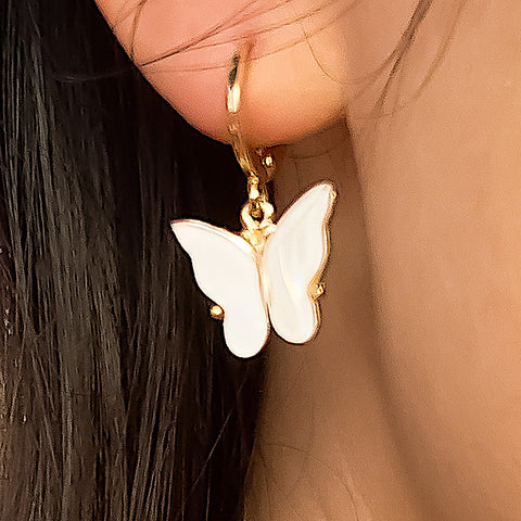 WHITE PEARL SHELL BUTTERFLY GOLD PLATED HOOP EARRINGS