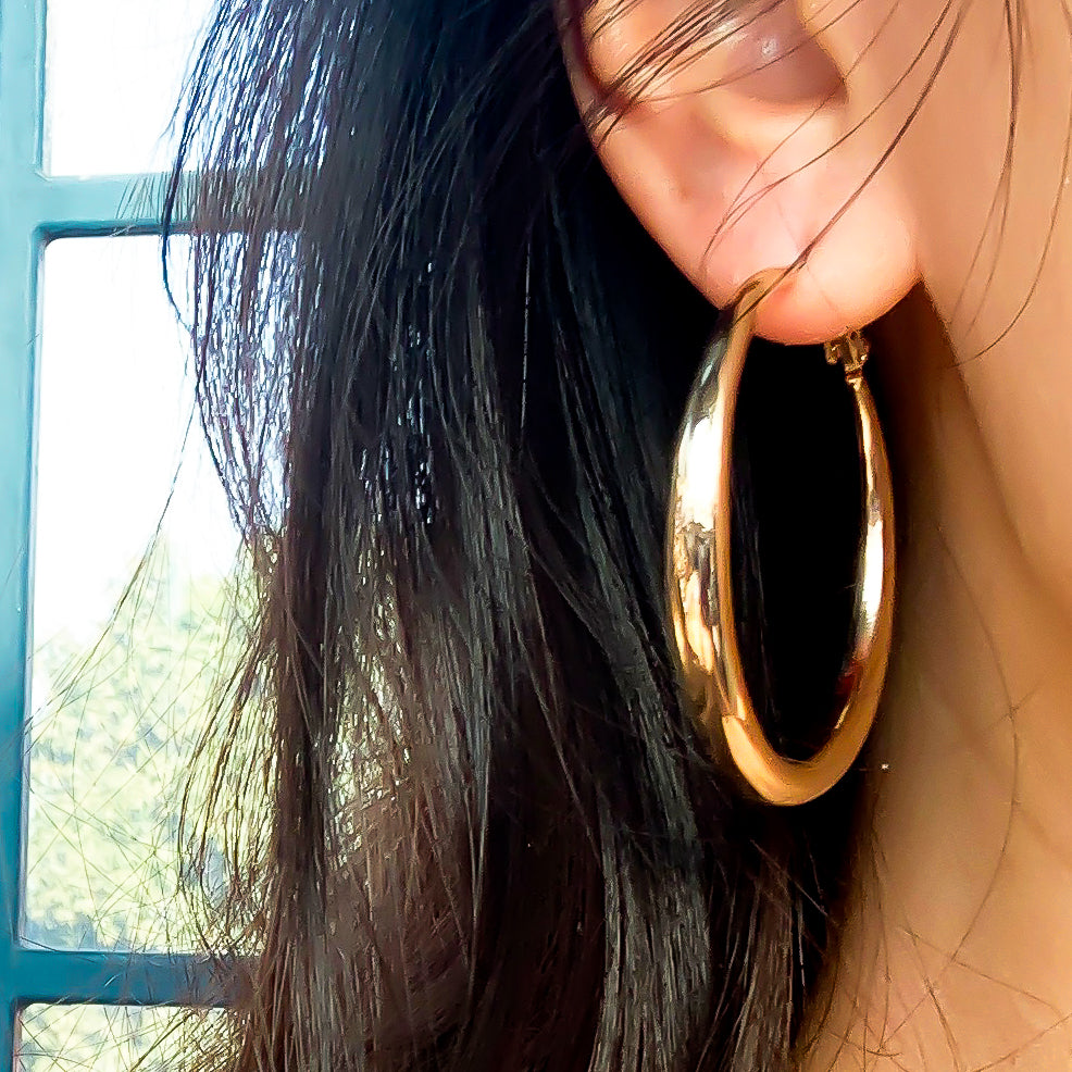 GOLD PLATED THICK ROUND CHUNKY HOOPS EARRINGS