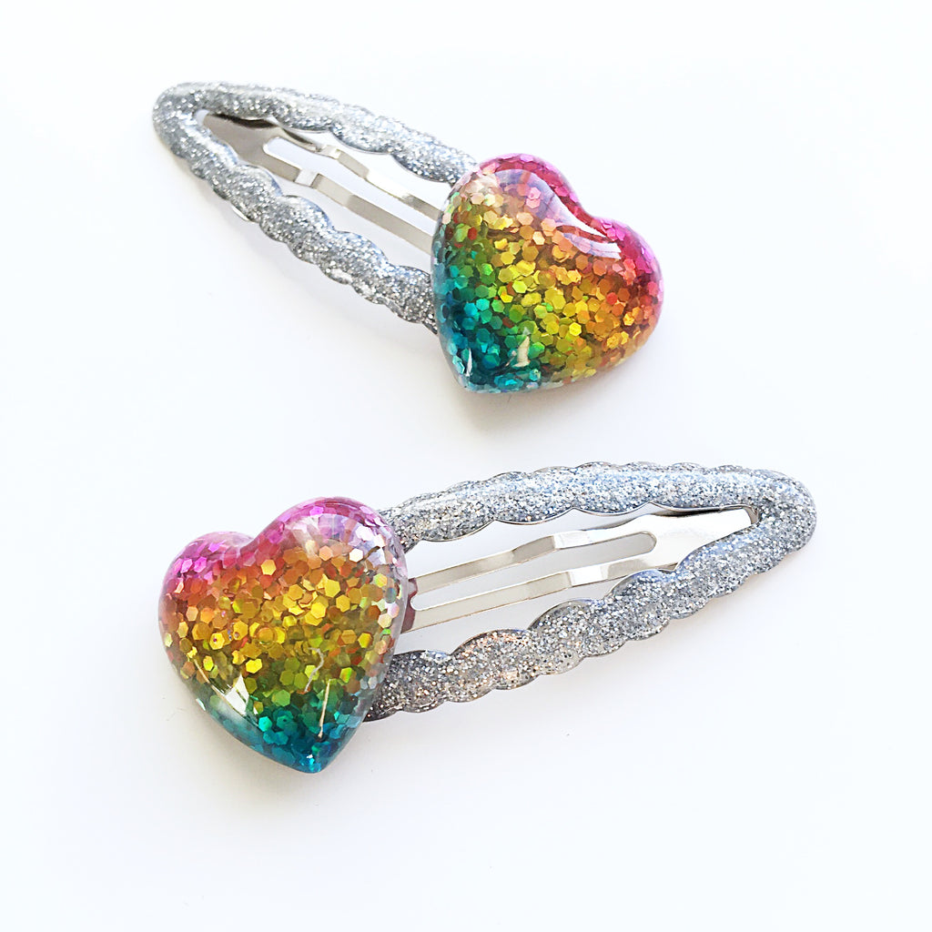 RAINBOW HEART GLITTER HAIR CLIPS