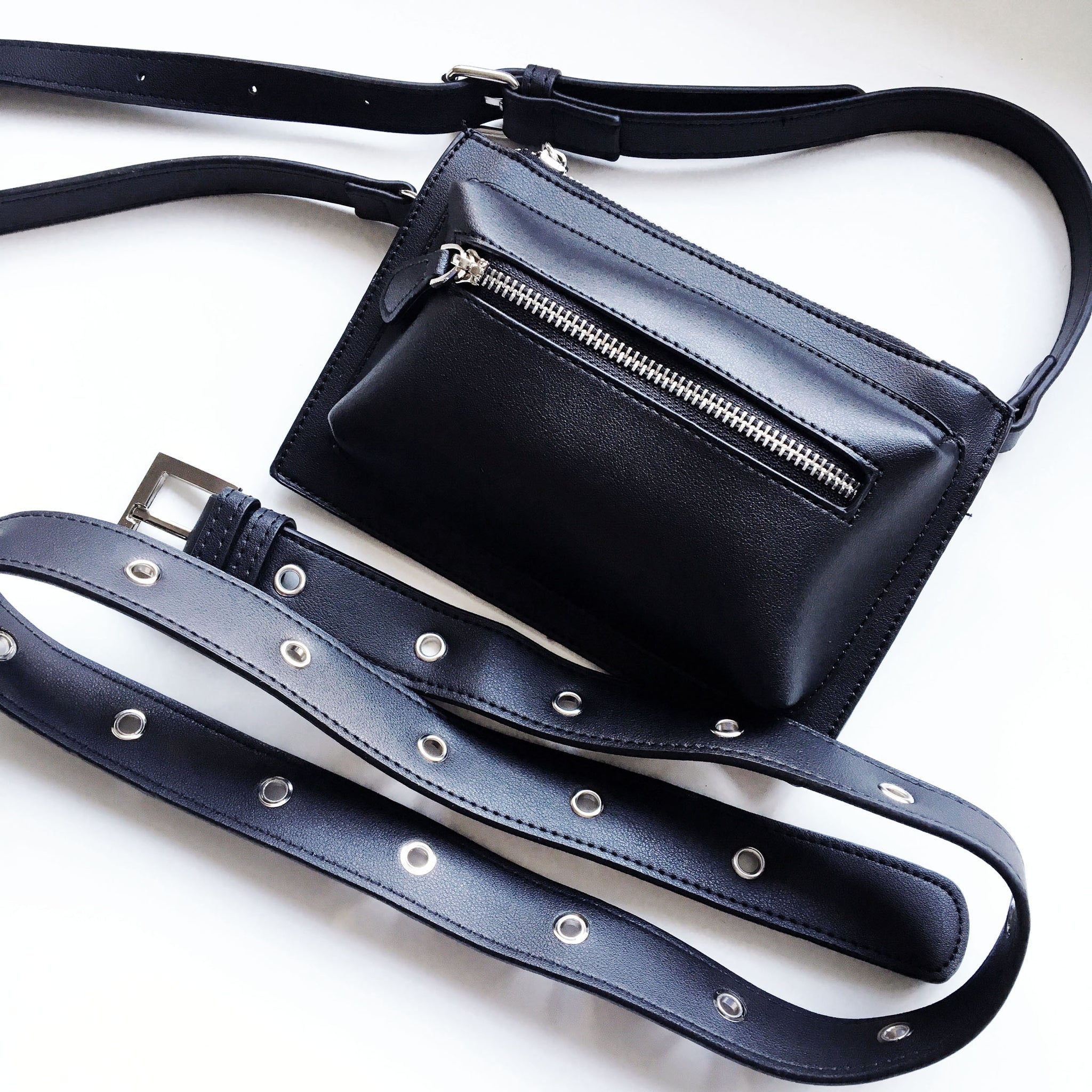 BLACK FAUX LEATHER EYELETS BELT BAG