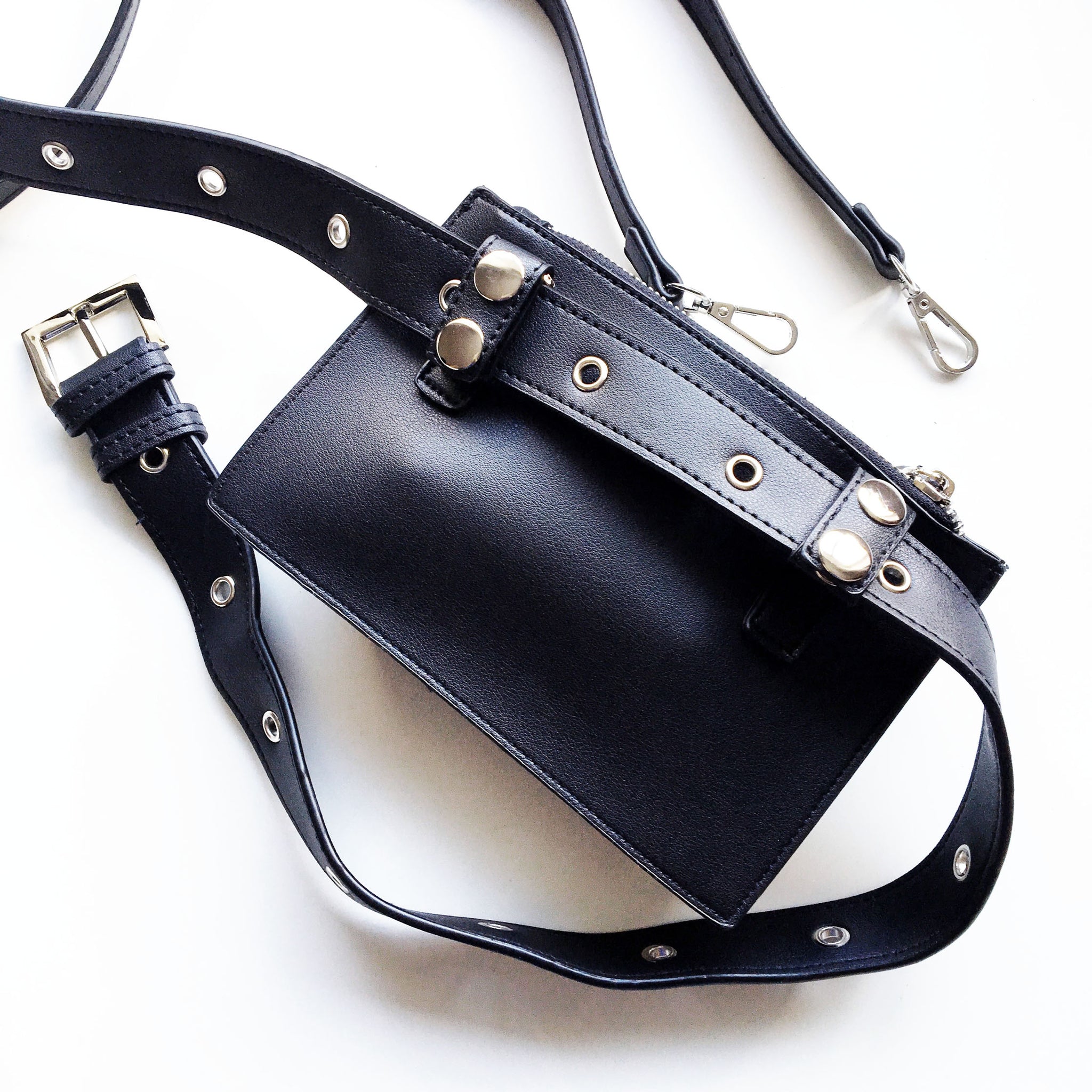 BLACK FAUX LEATHER EYELETS BELT BAG