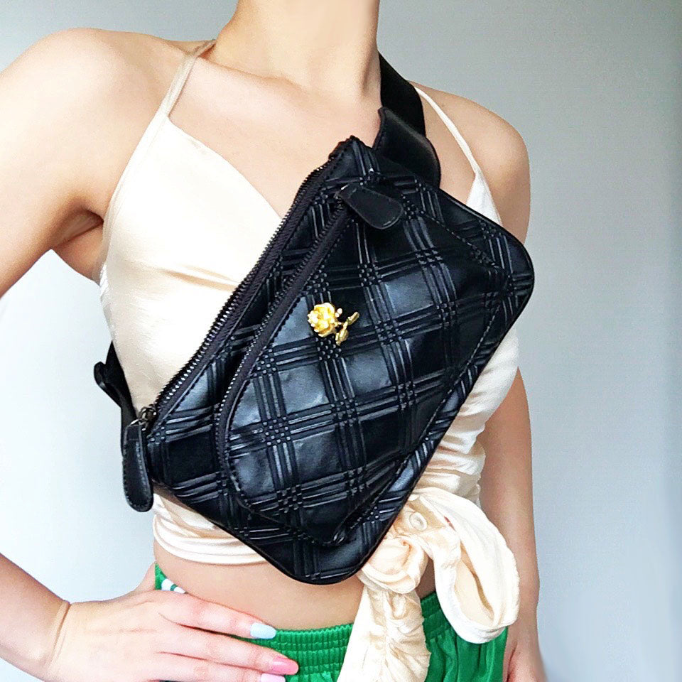 BLACK FAUX LEATHER ROSE BELT BAG