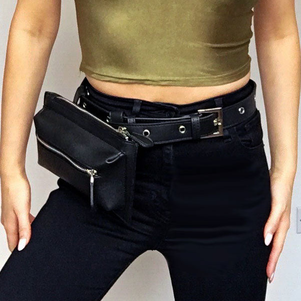 BLACK FAUX LEATHER EYELETS BELT BAG