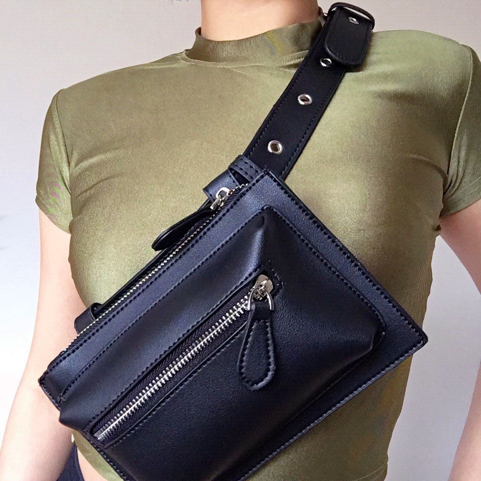 BLACK FAUX LEATHER EYELETS BELT BAG