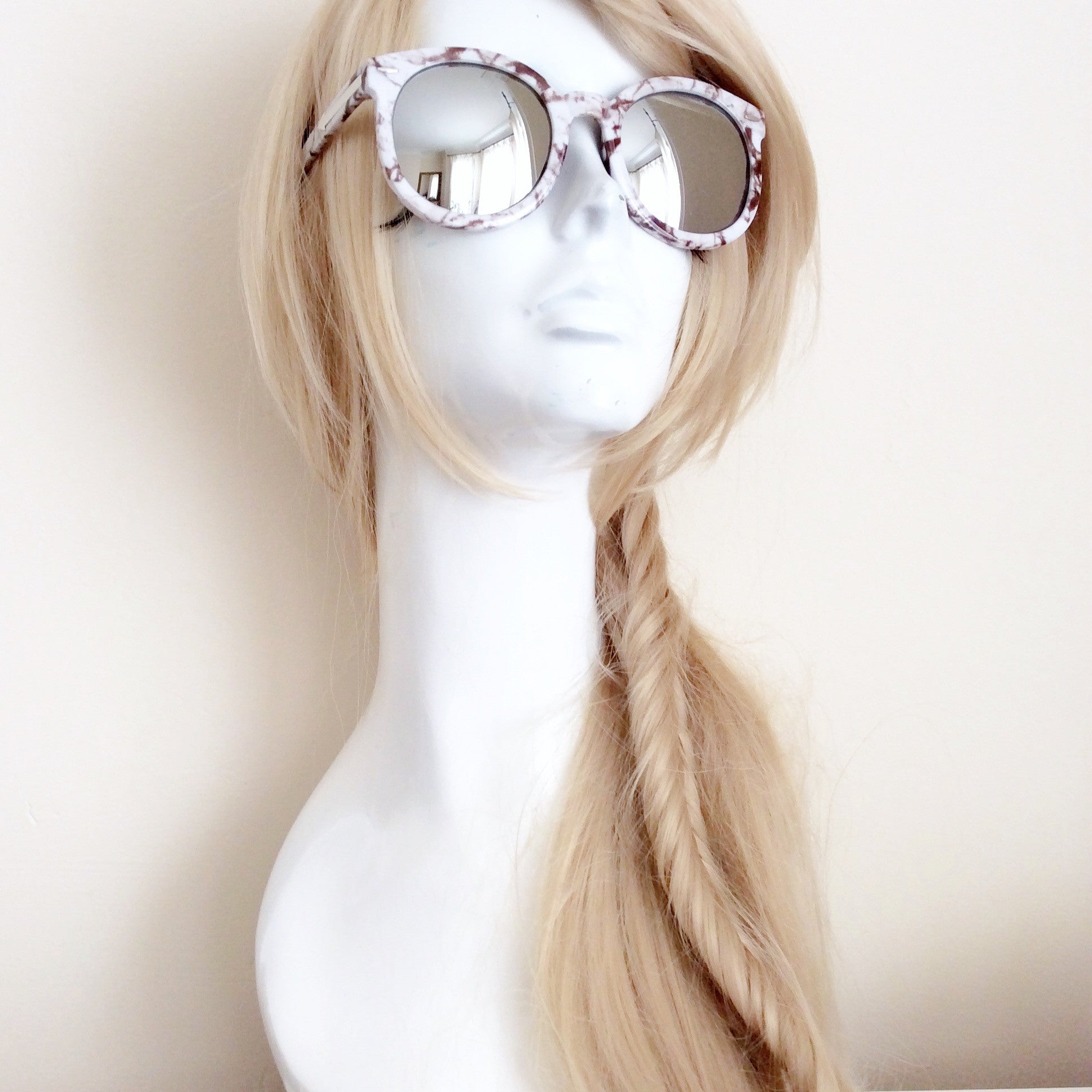 UNISEX ROUND RETRO MARBLE FRAME SUNGLASSES WITH SILVER MIRROR LENS
