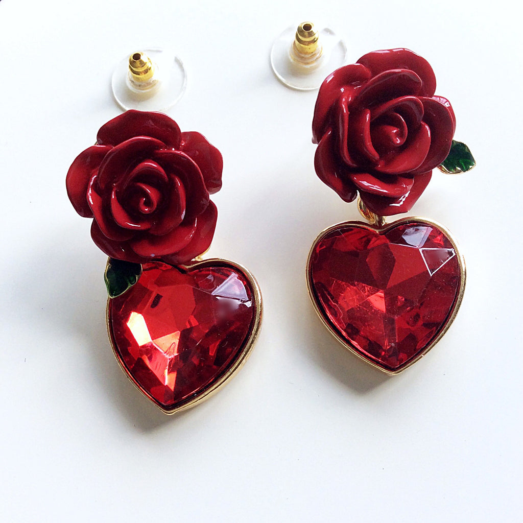 DEEP RED ROSE HEART DIAMANTÉ PENDANT EARRINGS