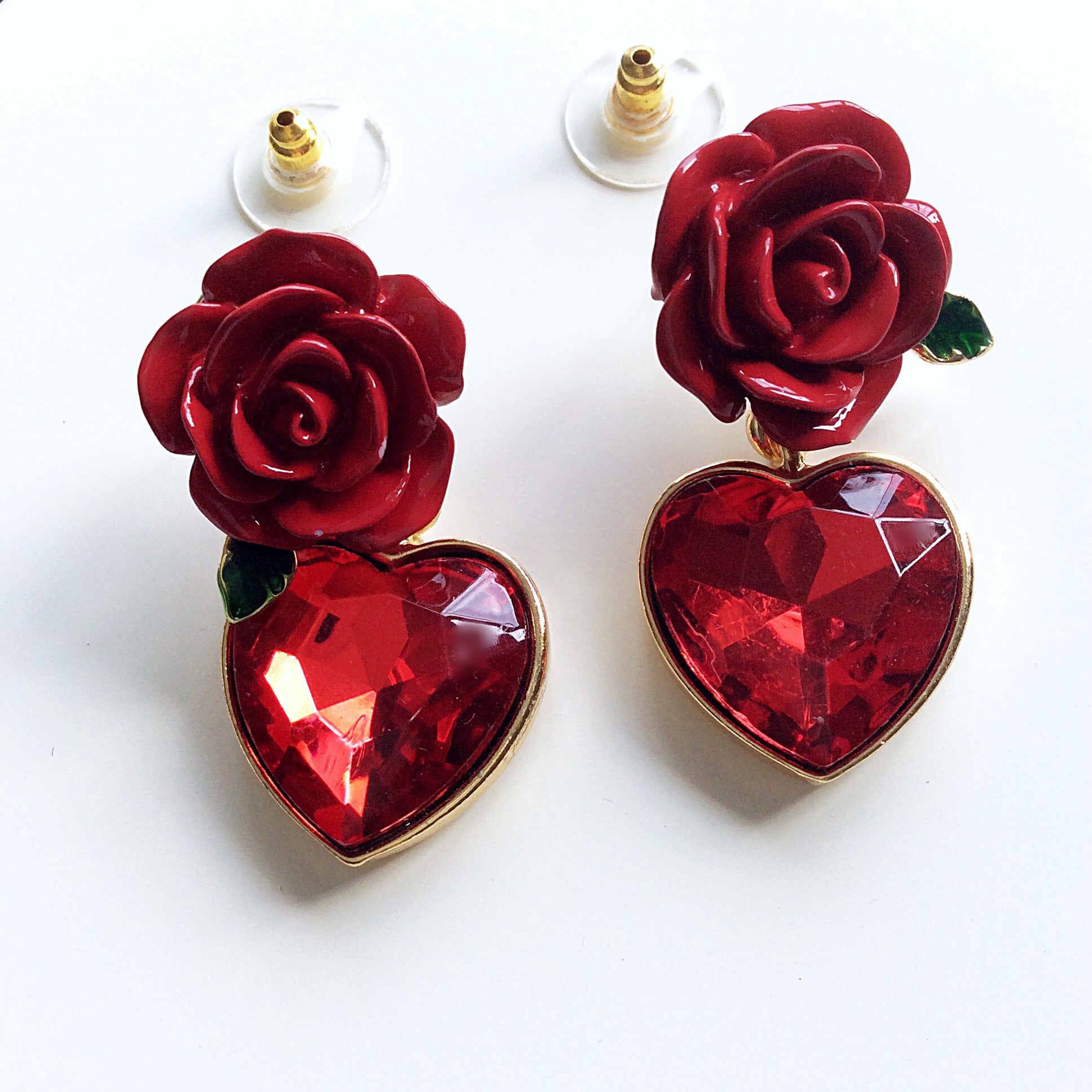 DEEP RED ROSE HEART DIAMANTÉ PENDANT EARRINGS