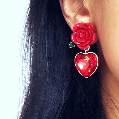 DEEP RED ROSE HEART DIAMANTÉ PENDANT EARRINGS
