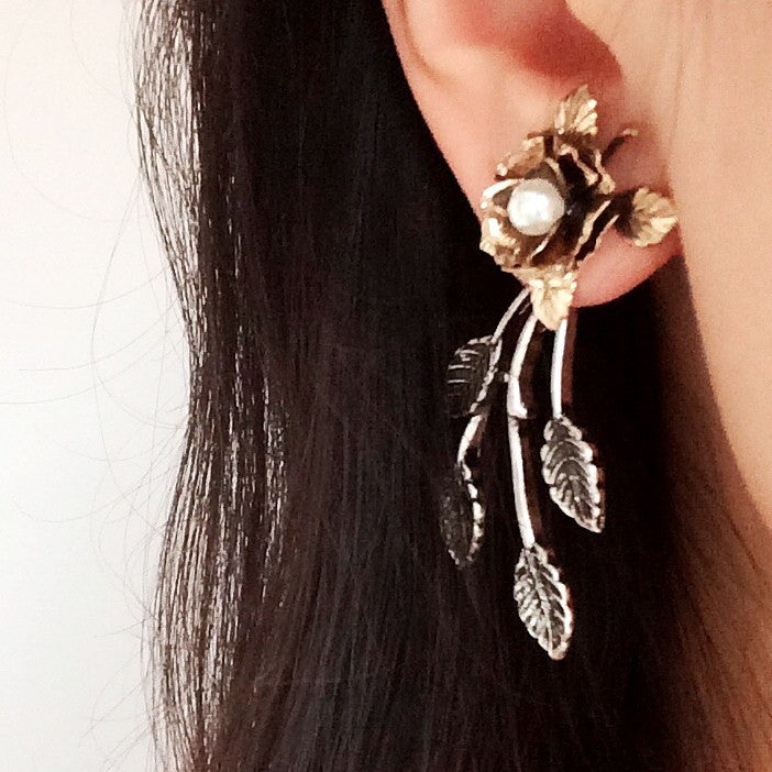 VINTAGE GOLD ROSE REMOVABLE LEAVE STATEMENT EARRINGS