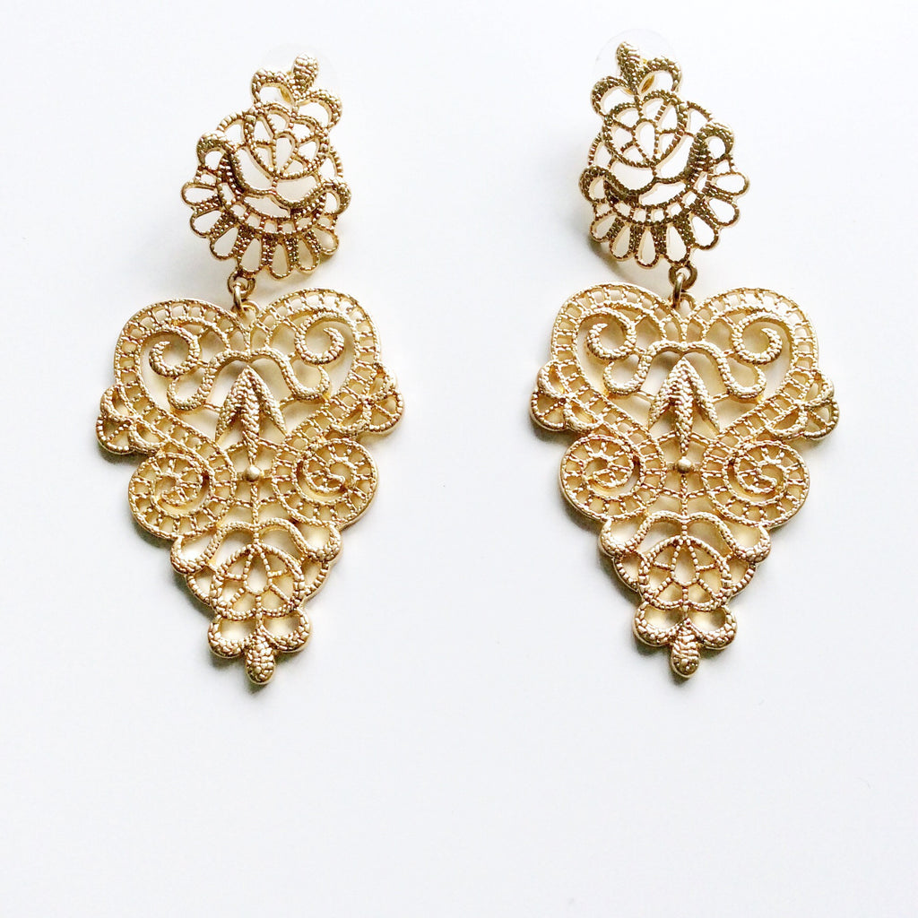 GOLD ROSE HEART CUT OUT STATEMENT EARRINGS