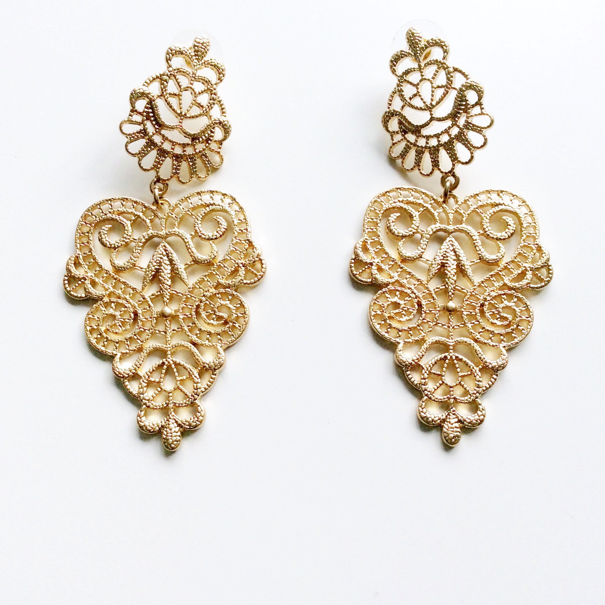 GOLD ROSE HEART CUT OUT STATEMENT EARRINGS