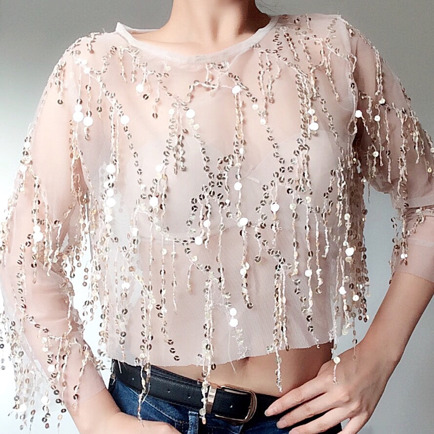 SEQUINS SHORT MESH TOP