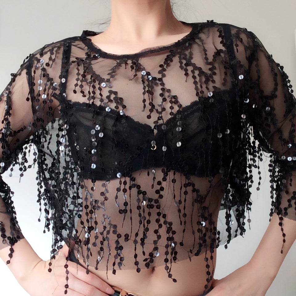 SEQUINS SHORT MESH TOP