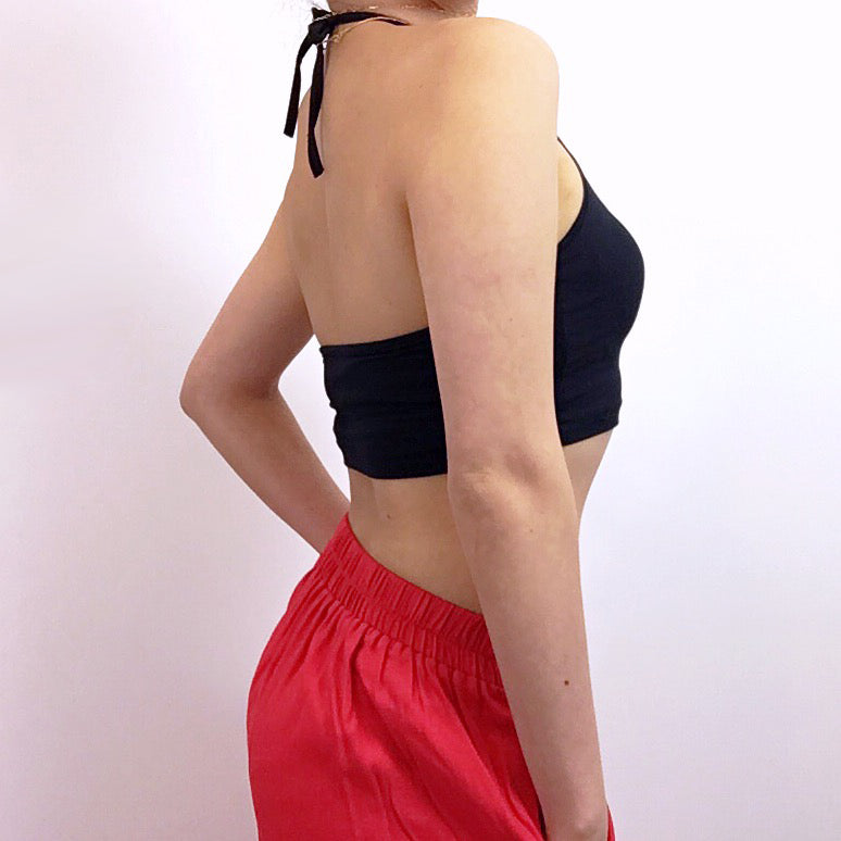 ROSE STRETCHY HALTER NECK TIES CROP TOP