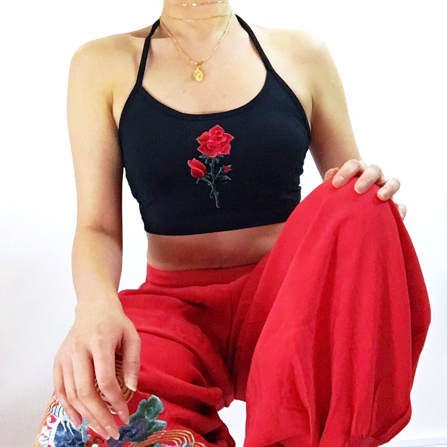 ROSE STRETCHY HALTER NECK TIES CROP TOP