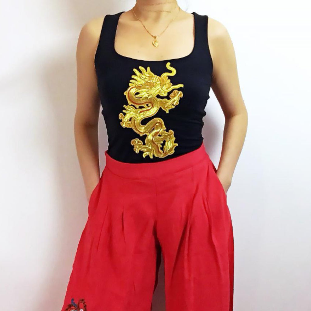 BLACK GOLD DRAGON STRETCHY VEST TOP