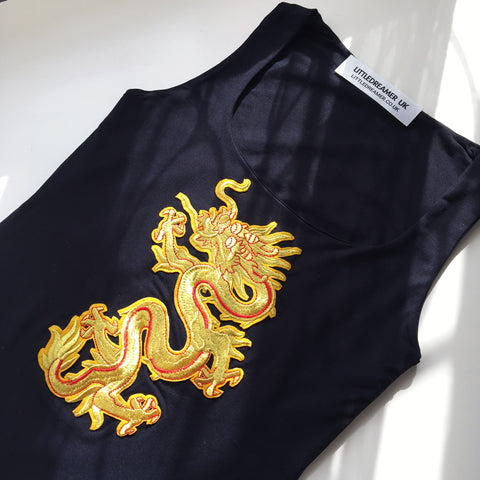 BLACK GOLD DRAGON STRETCHY VEST TOP