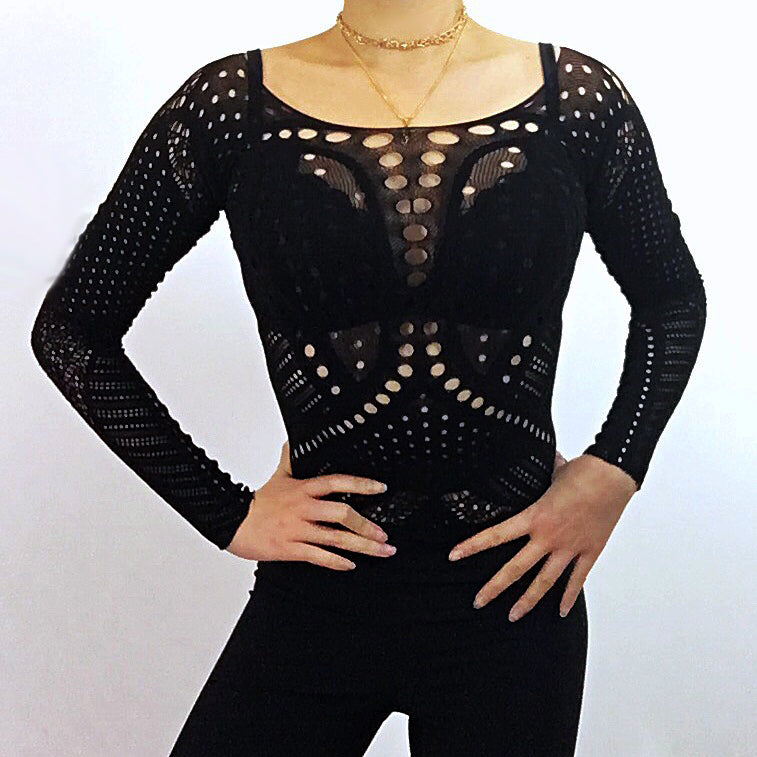 THICK STRETCHY PATTERN FISHNET MESH LONG SLEEVES SHORT TOP