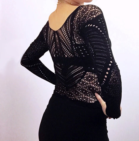 THICK STRETCHY PATTERN FISHNET MESH LONG SLEEVES SHORT TOP