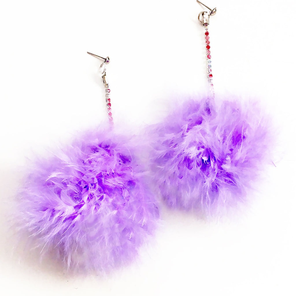 LARGE DREAMY FEATHER POM POM DIAMANTE CHAIN EARRINGS