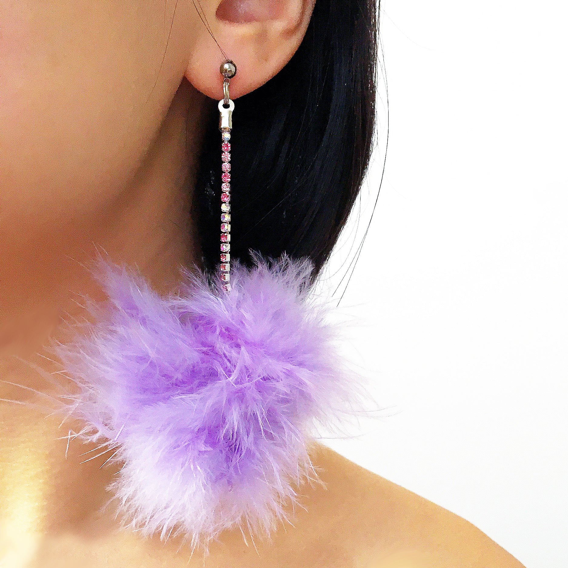 LARGE DREAMY FEATHER POM POM DIAMANTE CHAIN EARRINGS
