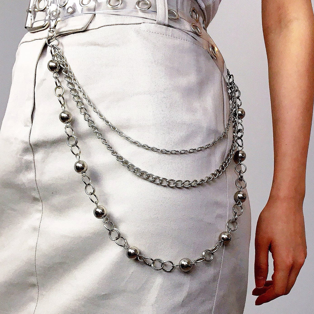 UNISEX BALL RINGS TRIPLE CHAINS TROUSERS BELT CHAIN