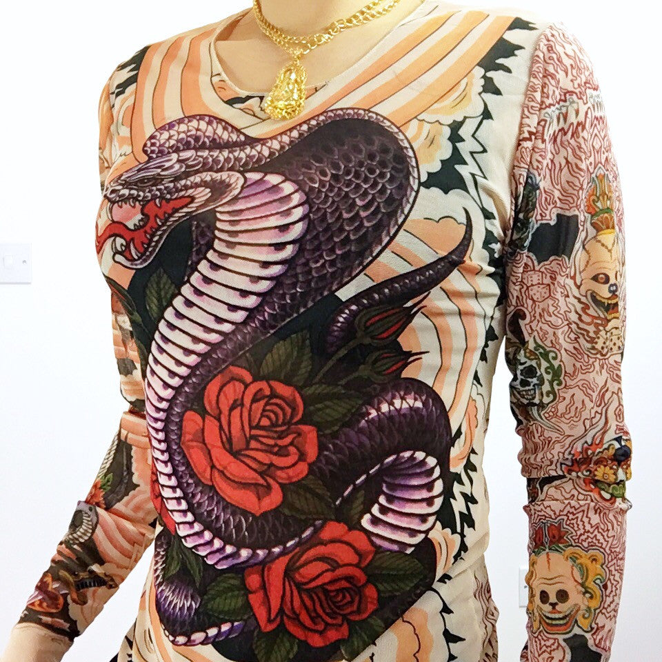SNAKE ROSE LONG SLEEVES MESH TOP