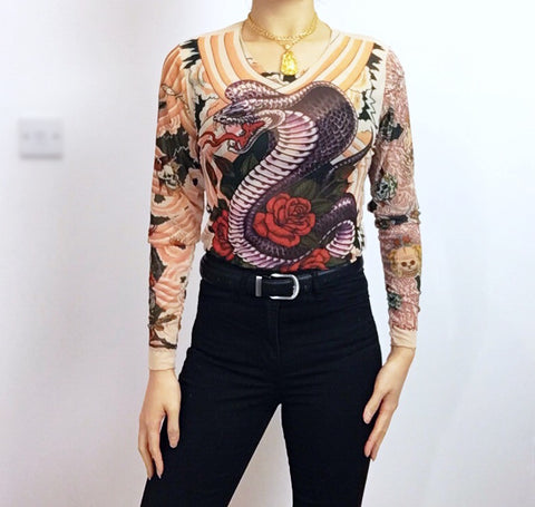 SNAKE ROSE LONG SLEEVES MESH TOP