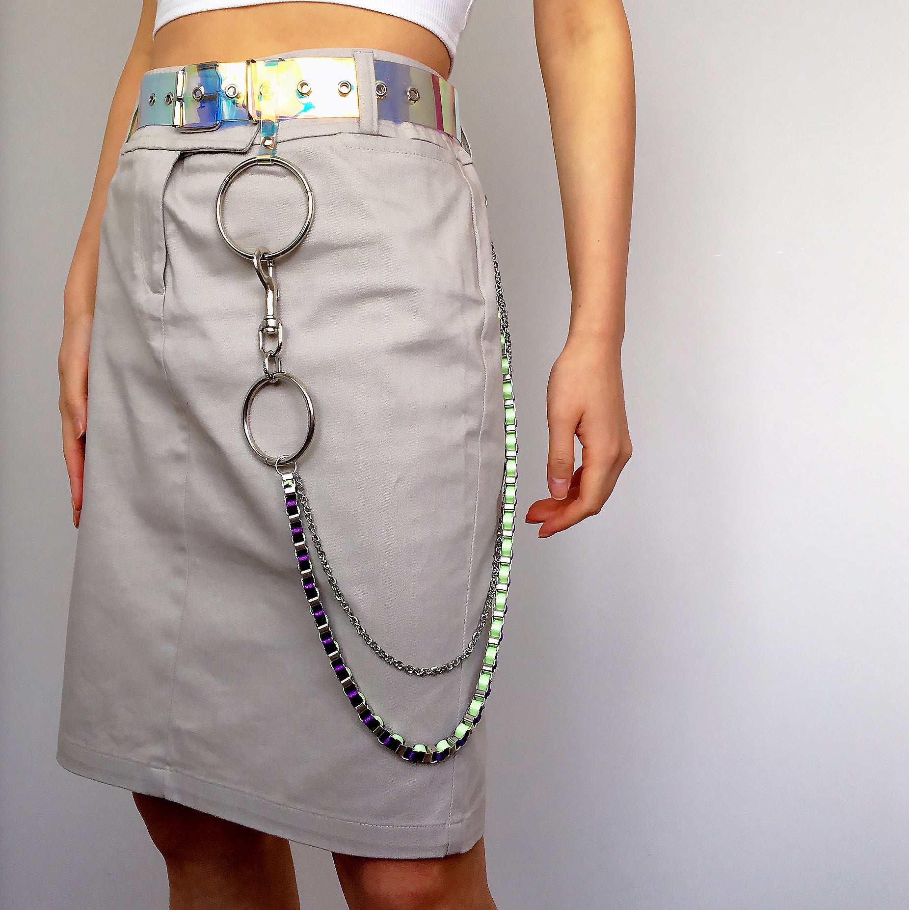 UNISEX LARGE RING TWO TONES DOUBLE CHAINS TROUSERS BELT CHAIN