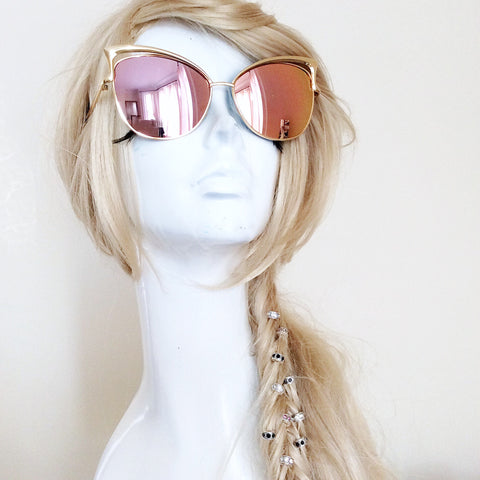 CAT EYE CUT OUT TOP GOLD FRAME MIRROR LENS SUNGLASSES