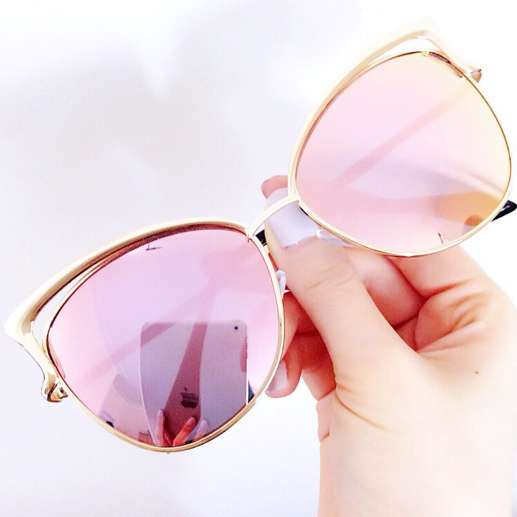 CAT EYE CUT OUT TOP GOLD FRAME MIRROR LENS SUNGLASSES