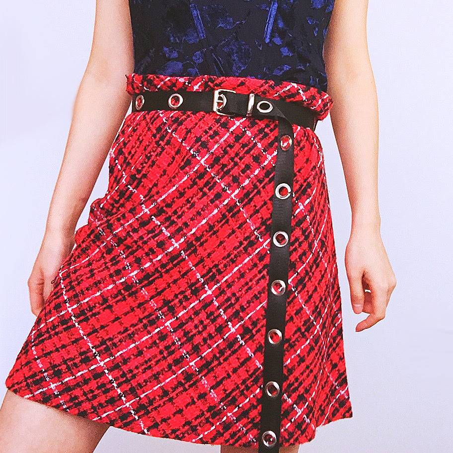 90S Y2K HIGH WAIST WAISTED RED CHECKED SKIRT