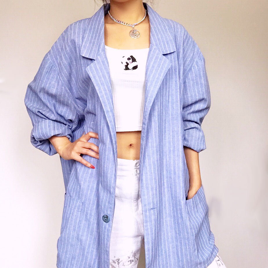 UNISEX RED GOLDFISH OVERSIZED LIGHT BLUE COTTON STRIP SUIT COAT JACKET