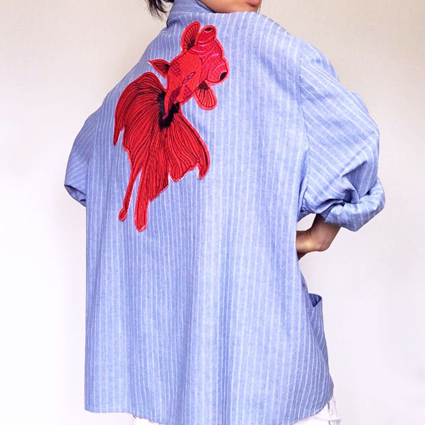 UNISEX RED GOLDFISH OVERSIZED LIGHT BLUE COTTON STRIP SUIT COAT JACKET