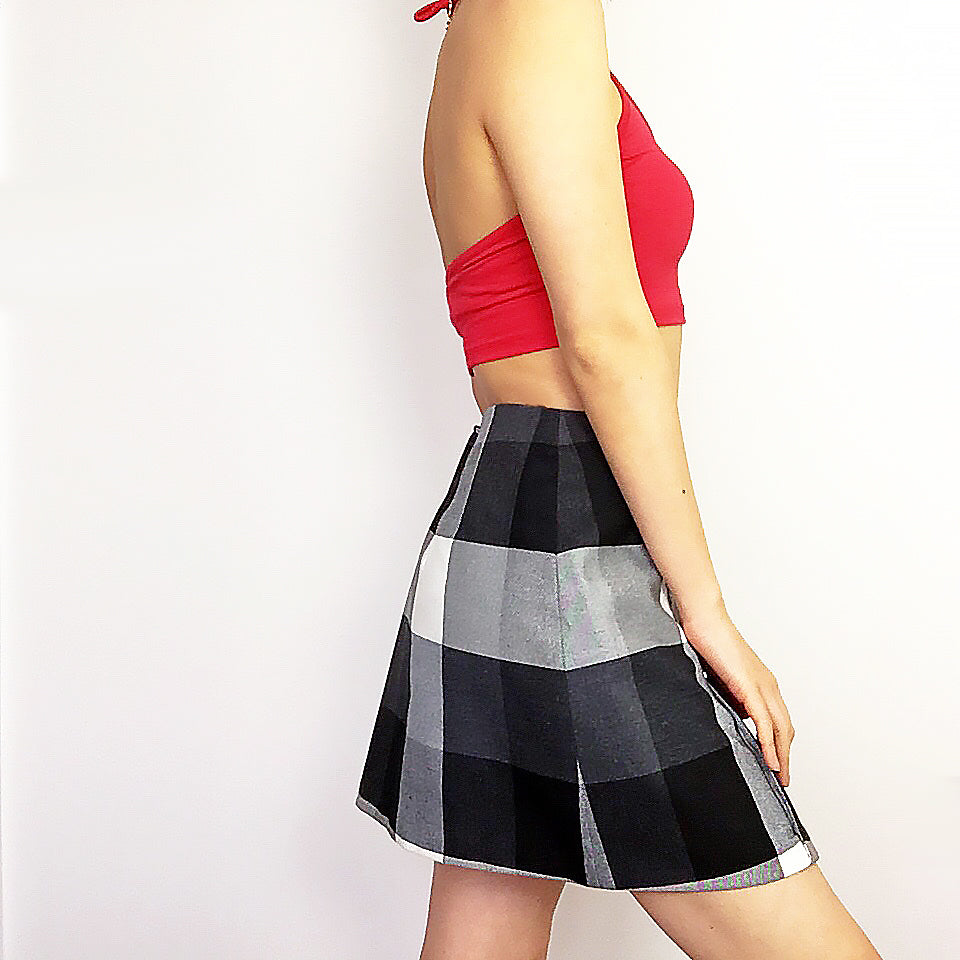 90S Y2K CHECK HIGH WAIST WAISTED SIDE DOUBLE PLEATS PLEATED SKIRT